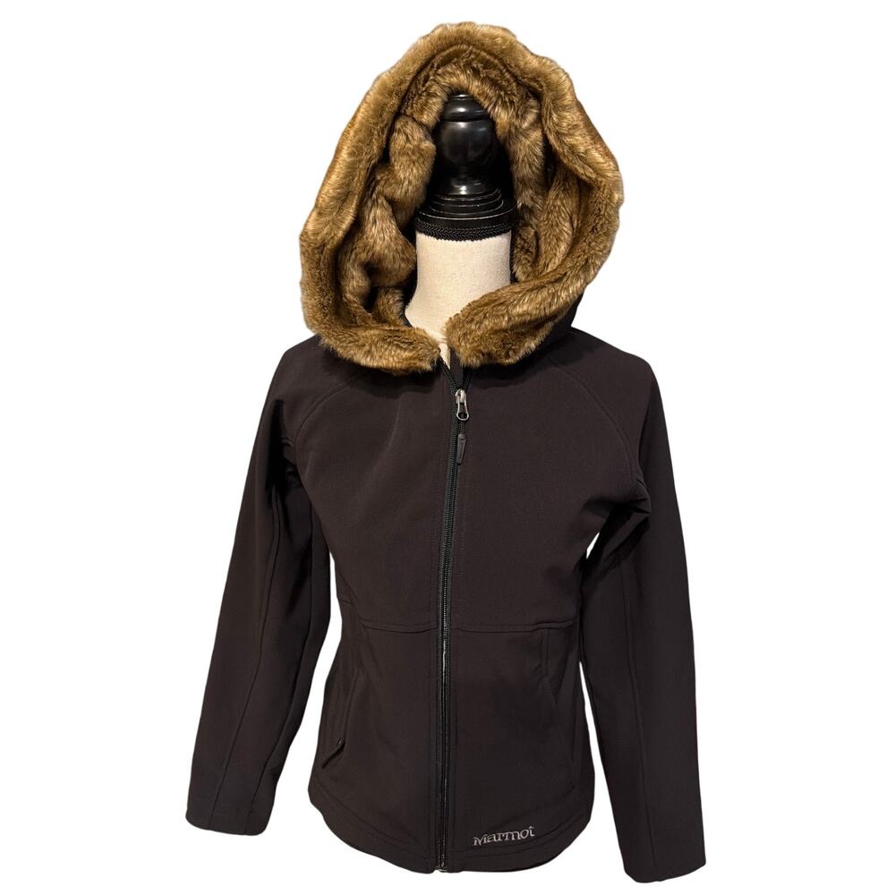 ⭐️ Women’s Marmot Furlong Soft Shelled Black Jacket W/Faux Fur Hood Size Small